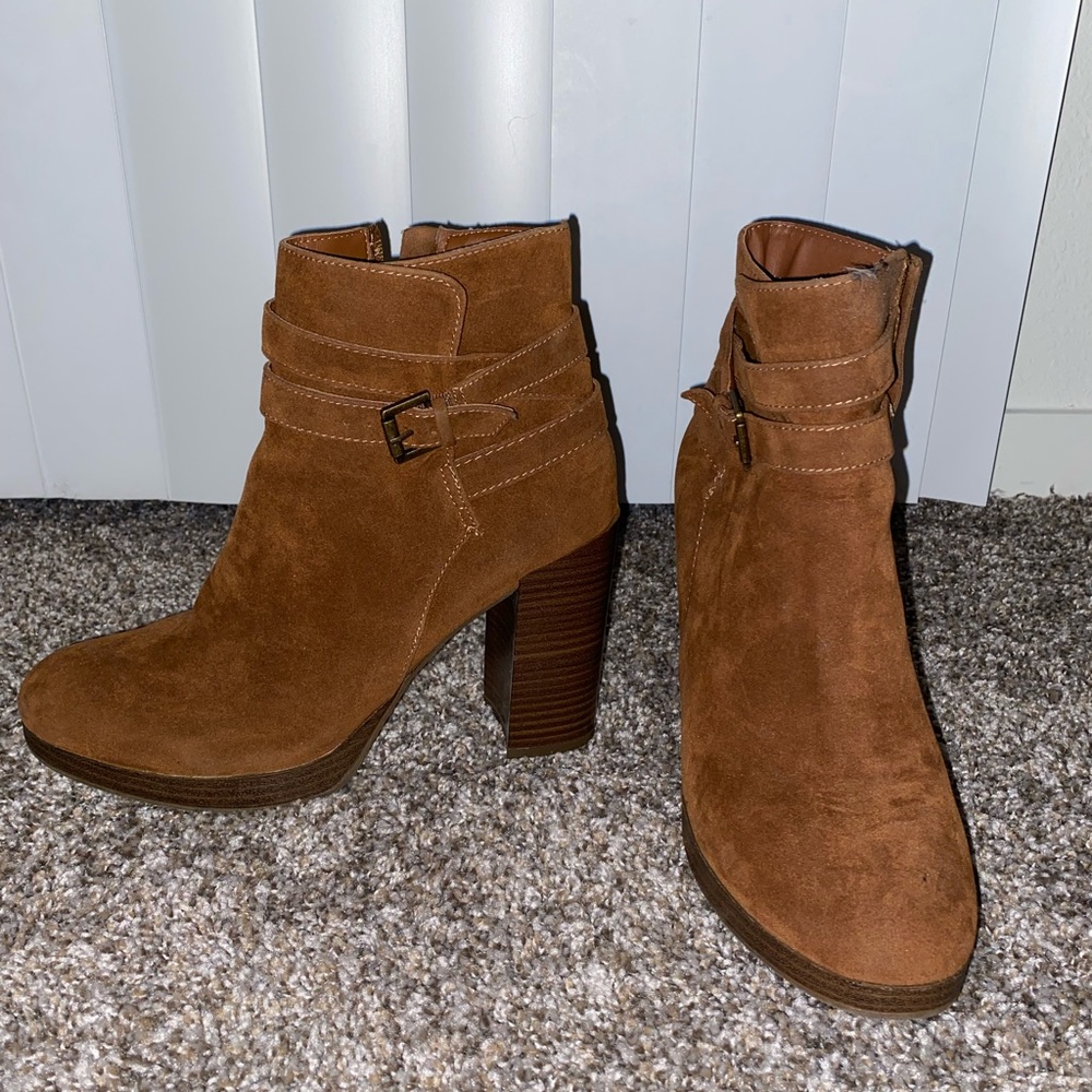 a new day cognac suede-like  platform 4in booties. Worn once size 9.5